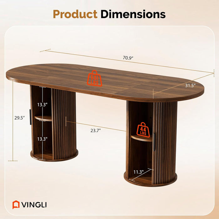 71” Oval Dining Table for 6-8 with Storage, Fluted Base, Walnut