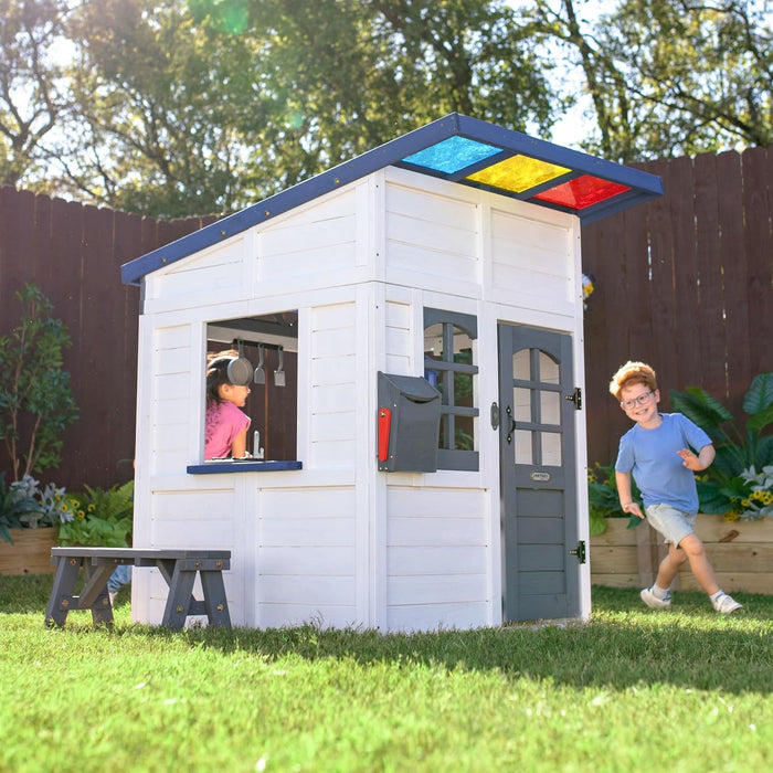 Wooden Playhouse Wendy House with Rainbow Shade, Interactive Kitchen, Working Doorbell, Mailbox & Outdoor Bench, White