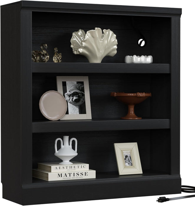 3-Tier Storage Bookcase with Adjustable Shelves, Modern Wood Storage Organizer Rack, Free Standing Decorative Display Shelf for Home Office, Living Room and Bedroom-Black