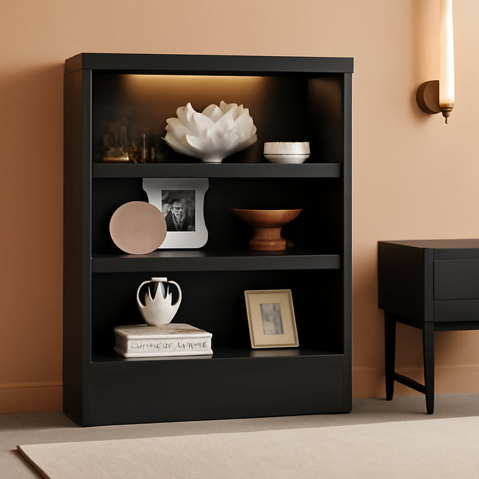 3-Tier Storage Bookcase with Adjustable Shelves, Modern Wood Storage Organizer Rack, Free Standing Decorative Display Shelf for Home Office, Living Room and Bedroom-Black