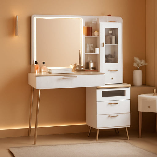 Vanity Desk with 29.53" HD Lighted Mirror, 47.24" Big Modern Vanity Desk with Mirror and Lights, Makeup Vanity with 5 Drawers and Storage Shelves and Charging Station, White