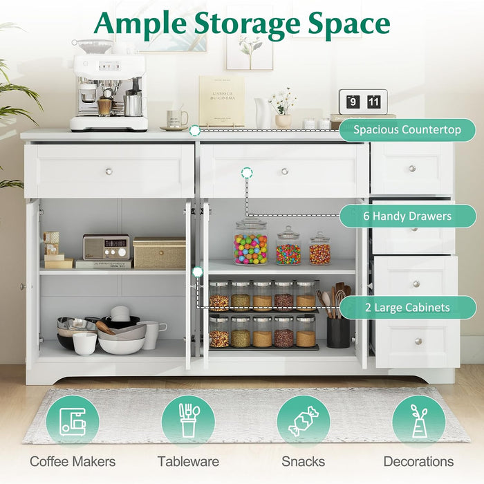 Large Buffet Cabinet with Storage, 59” Kitchen Cabinet with 4 Doors, 6 Drawers & 2 Adjustable Shelves, Modern Sideboard for Living Room, Coffee Bar, White
