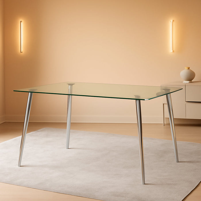 Glass Dining Table for 4 with 51 Inch Clear Rectangular Glass Top, 0.31" Modern Tempered Glass Kitchen Table Furniture with 4 Silver Plating Metal Legs for Home Dining Room