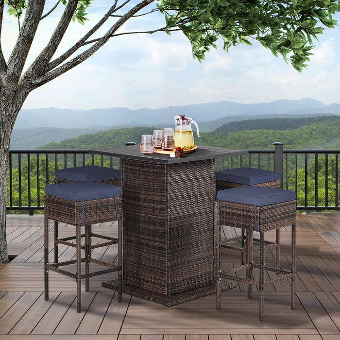 5-Piece Outdoor Bar Set, Wicker Rattan Bar Height Patio Set W/4 Cushion Bar Stools & Table with Hidden Storage, 5PCS Outdoor High Top Table and Chairs Set for Backyard Poolside (Navy Blue)