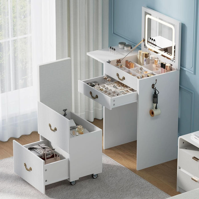 3-In-1 Vanity with Flip Mirror & Lights, Fluted Compact Vanity Table with 3 Drawers, Storage Compartment and Rolling Stool, Modern Small Makeup Vanity for Bedroom, Powder Room, Solid White