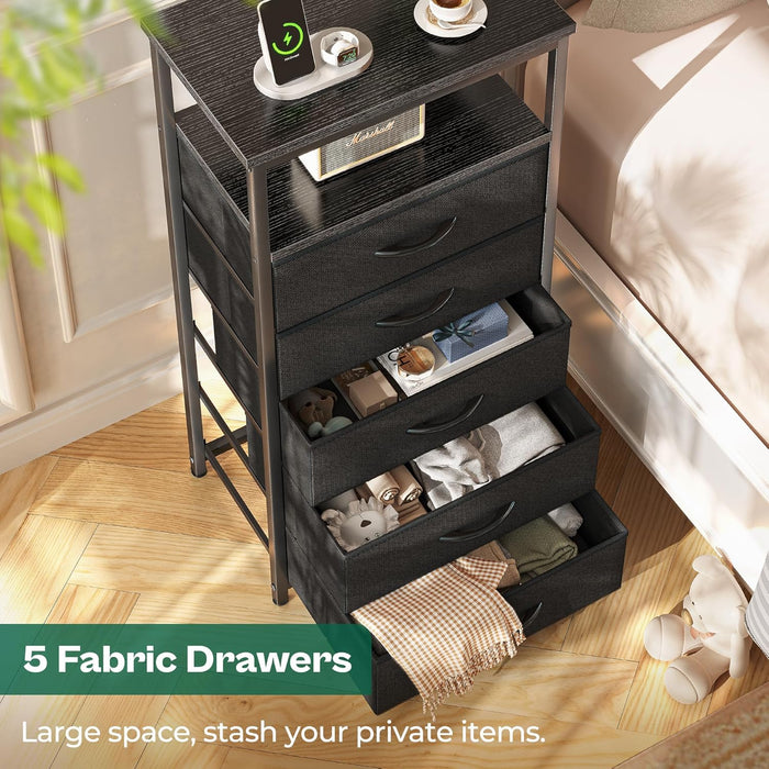 Black Five Drawer Dresser With Integrated Charging