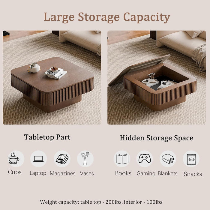 31.5" Square Coffee Table with Hidden Storage Compartment, Modern Handcraft Fluted Drum Coffee Table, Wooden Square Center Table Cocktail Tea Table with Sturdy Pedestal for Living Room,Walnut