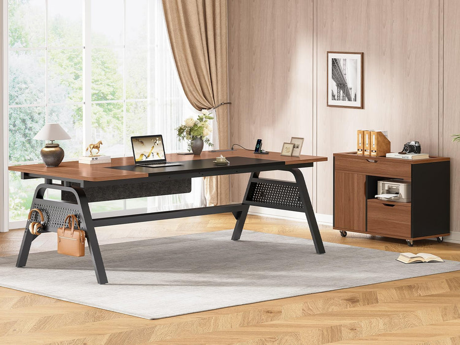 L Shaped Computer Desk with Mobile File Cabinet & Power Outlets, Executive Home Office Desk with Storage Drawers, Pegboard, Cable Management, Reversible L Desk for Work & Gaming, Black + Brown