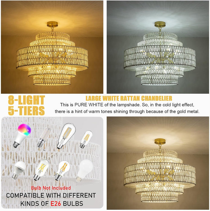 28.7In Large Coastal Chandelier White Rattan Light for Living Room