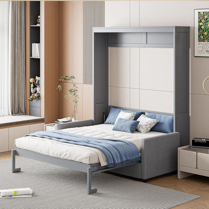 Full Size Murphy Bed, Wooden Full Murphy Bed with Cushion, Wall Bed with Sofa for Home Office or Small Room, Gray
