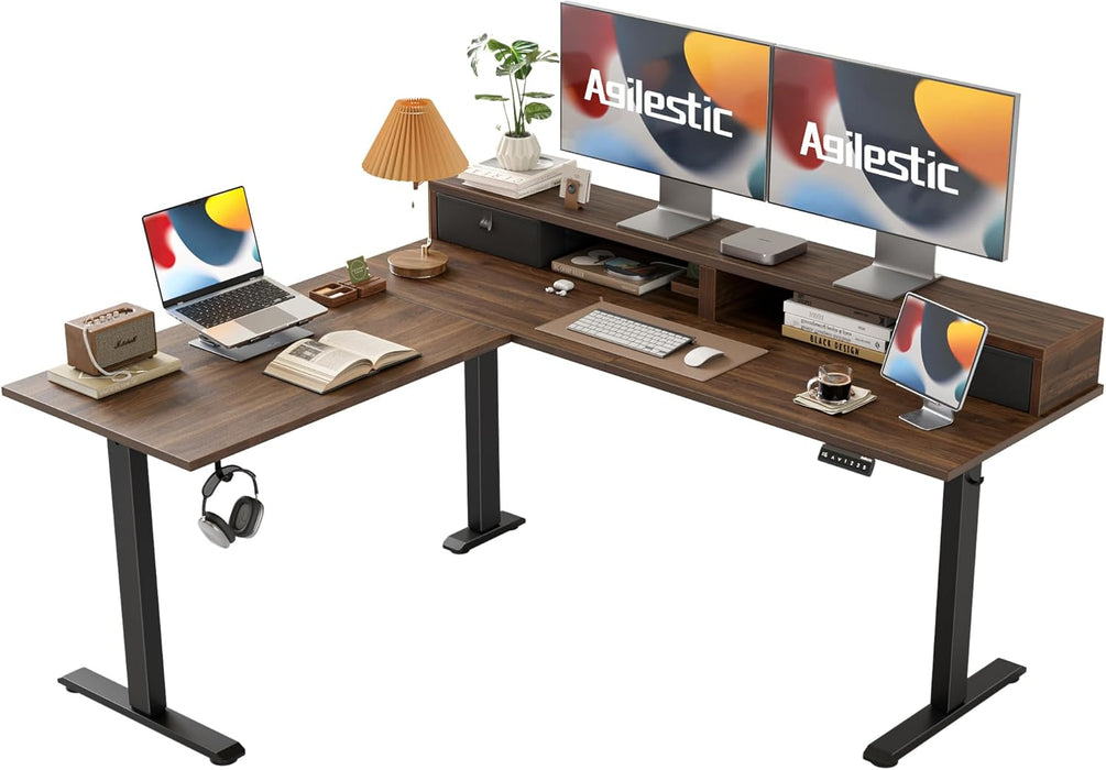 63 X 55 INCH L Shaped Electric Standing Desk with 2 Drawers, Ergonomic Adjustable Height Desk with Storage, Corner Desk Sit Stand up Computer Table for Work Office Home, Dark Wlalnut