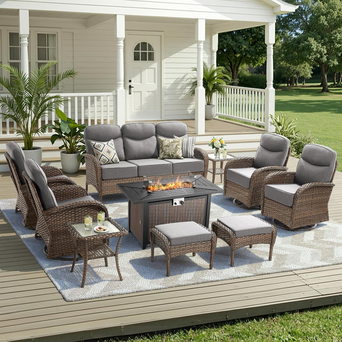10 Pieces Luxury Patio Furniture Set with 42.5" Fire Pit Table, 6-Inch Thick Cushions Wicker Outdoor Furniture with Swivel Patio Chairs Set of 4, Outdoor Patio Conversation Set for Garden Deck, Gray