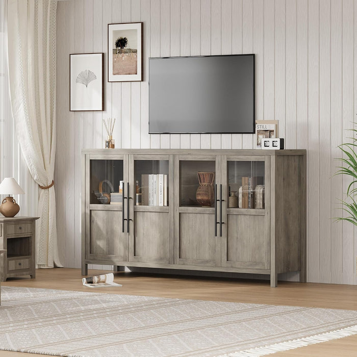 55” Large Buffet Cabinet with Storage, Sideboard Buffet Cabinet with Glass Doors, Modern Farmhouse Storage Cabinet Table for Kitchen Dining Room, Living Room (Grey, Glass with 4 Doors)