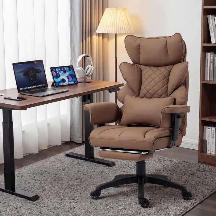 Big and Tall Office Chair with Pocket Spring Cushion,High Back Computer Gaming Chairs with Adjustable Armrests,Executive Desk Chairs with Lumbar Support and Footrest,Pu-Brown