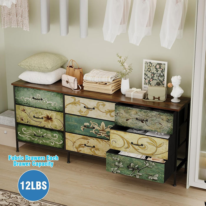 Dresser with Drawers for Bedroom Chest of Drawers Fabric Dresser for Closet,Nursery Entryway Hall Tree TV Stand for Living Room Retro Floral Pattern Drawers Wooden Top (Wide 9 Drawers)