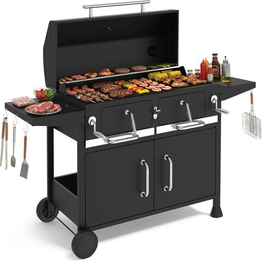 Charcoal Grills,36" Outdoor Barbecue Grill,Heavy Duty Dual-Zone Smoker Grill with 2 Lifting Charcoal Trays,Foldable Side Tables,Oversized Cooking Area for Bbq,Yard,Party