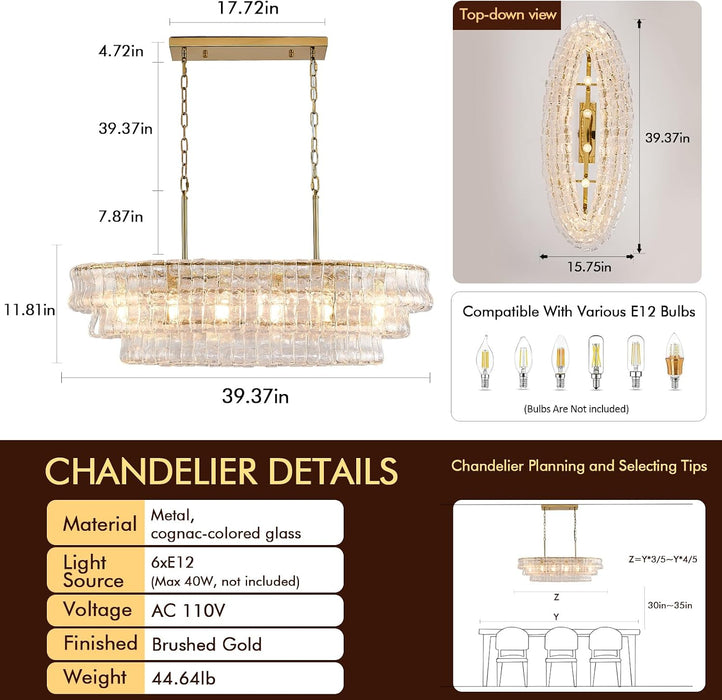 39In Large Chandelier Gold, Modern Dining Room Light Fixtures, 3 Layer Luxury Glass Chandelier 6 Light Rectangular Chandeliers for Dining Room Kitchen Island Living Room (Clear Glass)