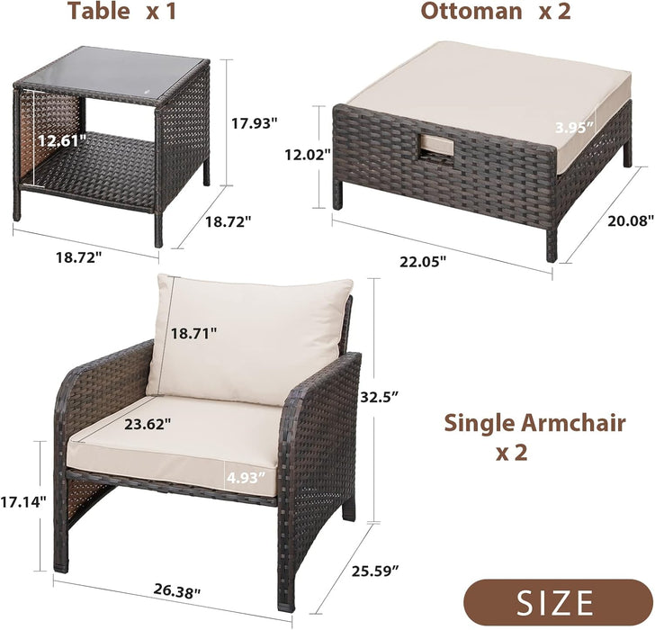 Balcony Furniture 5 Piece Patio Conversation Set, PE Wicker Rattan Outdoor Lounge Chairs with Soft Cushions 2 Ottoman&Glass Table for Porch, Lawn-Brown Wicker