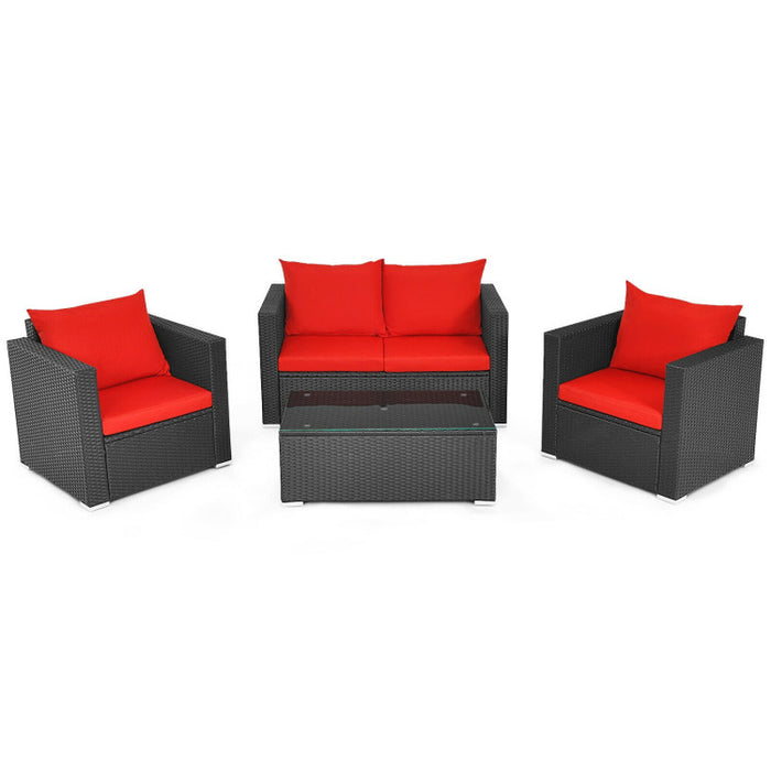 4 Pieces Patio Rattan Conversation Set with Padded Cushions