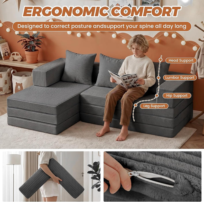 6-In-1 Tri-Folding Mattress | Cloud Boneless L-Shaped Modular Sectional Couches | Corduroy Pet-Friendly Convertible Futon Sofa Bed with 800LB Capacity Apartment, Guest Room, Game Room