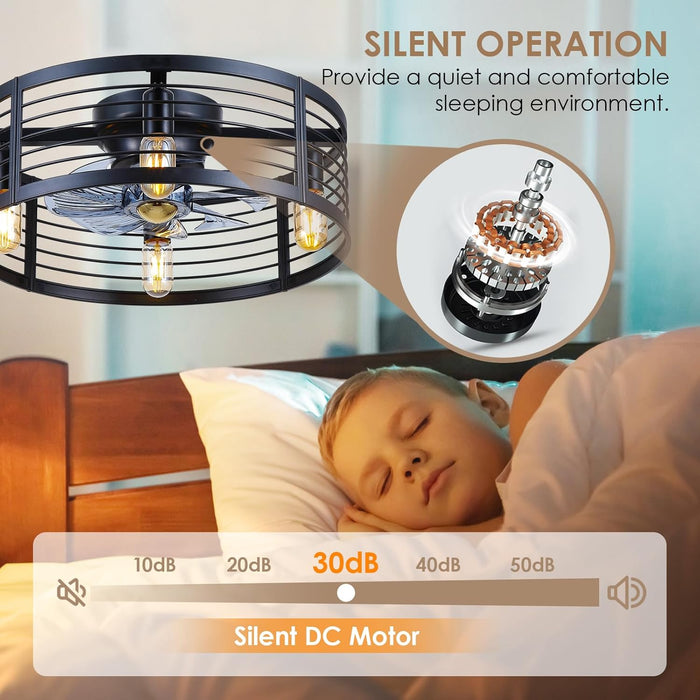 Caged Ceiling Fan with Light Flush Mount, 20 Inch Low Profile Black Fandelier with Remote, Bladeless Ceiling Fans with Lights for Bedroom Kitchen Dining Room (Bulb Not Included)