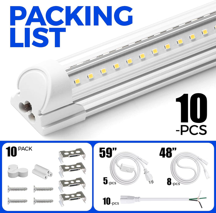 LED Shop Light, 8FT 72W 10000LM 5000K, Daylight White, V Shape, Clear Cover, Hight Output, Linkable, T8 LED Tube Lights, for Garage 8 Foot with Plug (Pack of 10)