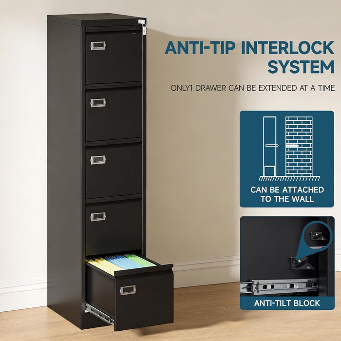 5 Drawer File Cabinet, Black Vertical Filing Cabinets with Lock, Home Office File Folders Storage Cabinet for Letter Legal File Size.