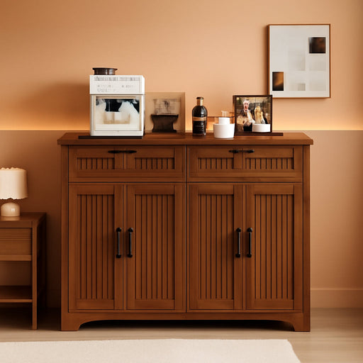 Buffet Cabinet with 2 Storage Drawers, Farmhouse Coffee Bar Table with Storage and Adjustable Shelf, 47.2" Wide Fluted Sideboard Cabinet for Kitchen, Dining Room, Living Room, Entryway, Modern Walnut