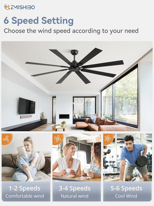 72 Inch Ceiling Fan No Light with Remote Control, 8 Blades Quiet DC Reversible Motor, 6-Speed, Timer, Black Finish, Indoor Outdoor Ceiling Fans for Patios, Living Room, Garage