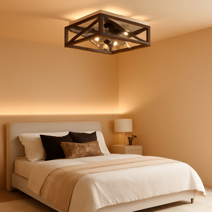 Caged Low Profile Ceiling Fans with Lights and Remote, Rustic Square Flush Mount Ceiling Fan, 6 Speed and Reversible, Small Farmhouse Bladeless Ceiling Fan for Bedroom, Kitchen, Dining Room