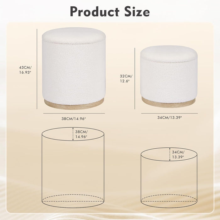 round Ottoman with Storage Set of 2, Vanity Stool with Tray Storage for Bedroom, Small Teddy Velvet Foot Rest Stool Ottoman for Living Room, Dorm (White)