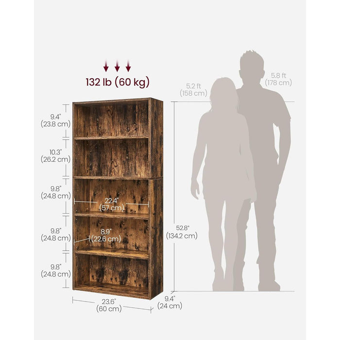 Bookshelf, 23.6 Inches Wide, 5-Tier Open Bookcase with Adjustable Storage Shelves, Floor Standing Unit, Rustic Brown ULBC165X01