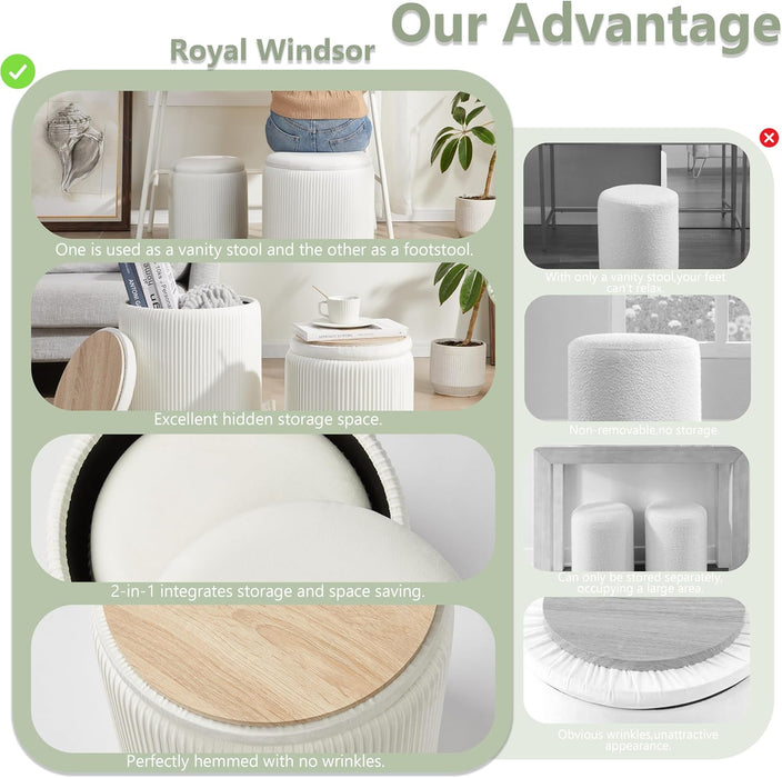 round Ottoman with Storage Set of 2,Vanity Stool with Storage for Bedroom, Ottoman Coffee Table,Small Velvet Foot Stool for Living Room, White