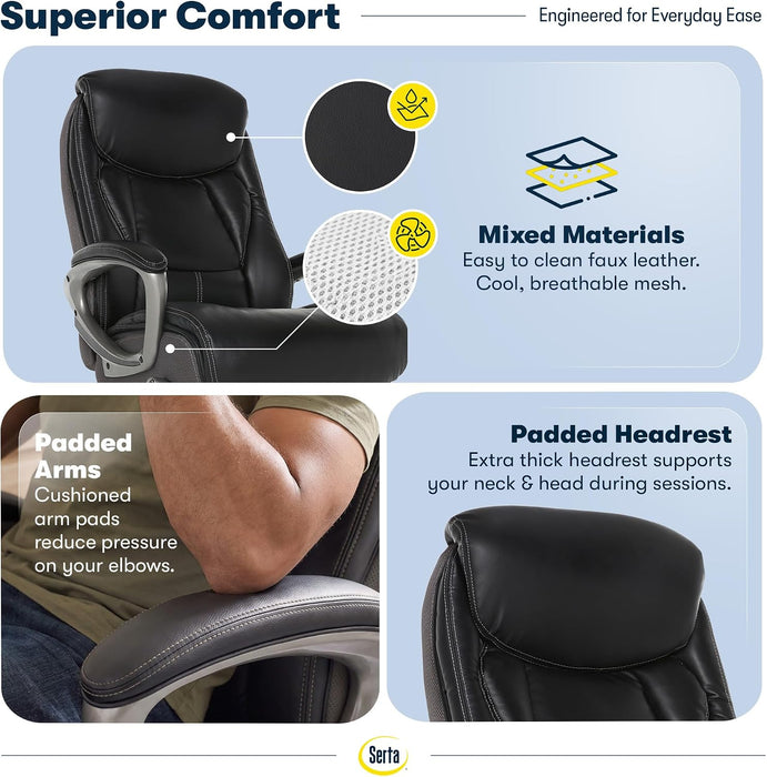 Lautner Executive Home Office Desk Chair, Ergonomic High-Back with Adjustable Lumbar & Body Pillows, Smartlayers and Comfortcoils Technology, Mesh and Bonded Leather, Black/ Gray