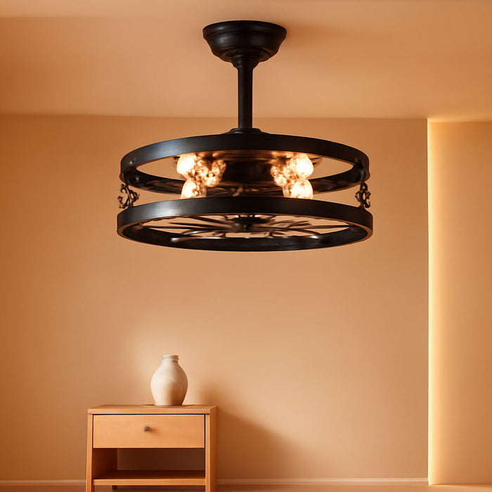 20 Inch Fandelier Caged Ceiling Fan with Light, Bladeless Ceiling Fan with Remote, Farmhouse Fan Lights Ceiling Fixtures for Kitchen, Bedroom, Outdoor(6 Speed, Timing)-Black