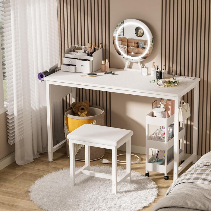 White Vanity Table with Lighted Mirror - 47“ White Vanity Desk with Mirror and Lights & Chair, Makeup Vanitys Set with Power Outlet, Dressing Table Vanities for Girls Bedroom