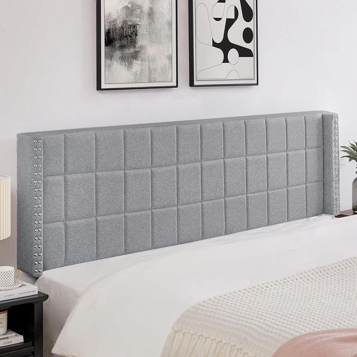 Headboard King Size, Linen Upholstered Headboards Only with Nailhead Trim Wingback, Square Stitched Design, Adjustable Height from 40" to 49.8", Light Grey