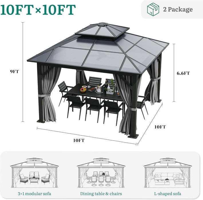 10X10Ft Gazebo Polycarbonate Hardtop Double Roof Canopy Outdoor with Netting and Shaded Curtains, Metal Frame Garden Tent for Patio, Backyard, Deck and Lawns, Grey