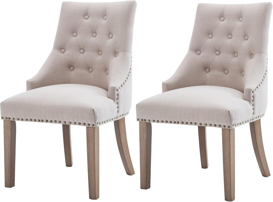 Dining Chair Beige Fabric Leisure Padded Ring Chair, Nailed Trim, Set of 2