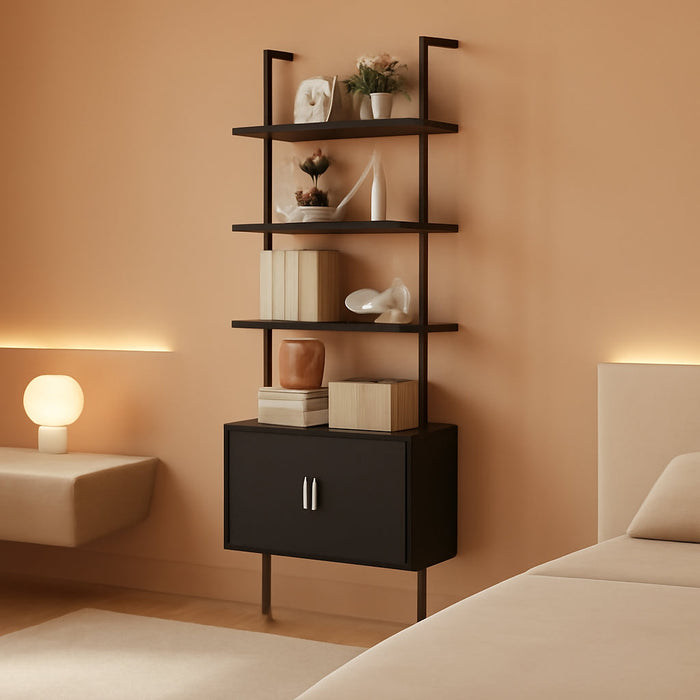 73" Tall Bookshelf with Cabinet, Industrial Ladder Wall Mount Shelf Bookcase with Wood and Metal Frame, Plant Shelf Wall Storage Display for Living Room Bedroom, Black Wood Grain