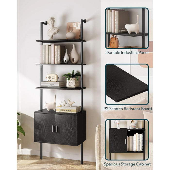 73" Tall Bookshelf with Cabinet, Industrial Ladder Wall Mount Shelf Bookcase with Wood and Metal Frame, Plant Shelf Wall Storage Display for Living Room Bedroom, Black Wood Grain