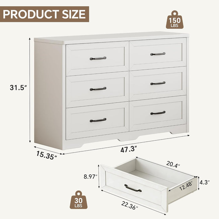 Farmhouse 6 Drawer Dresser for Bedroom, 47" W Modern Chest of Drawers with Metal Handles, Wood Dresser TV Stand, Dresser Drawer Organizer for Closet, Living Room,Hallway,White
