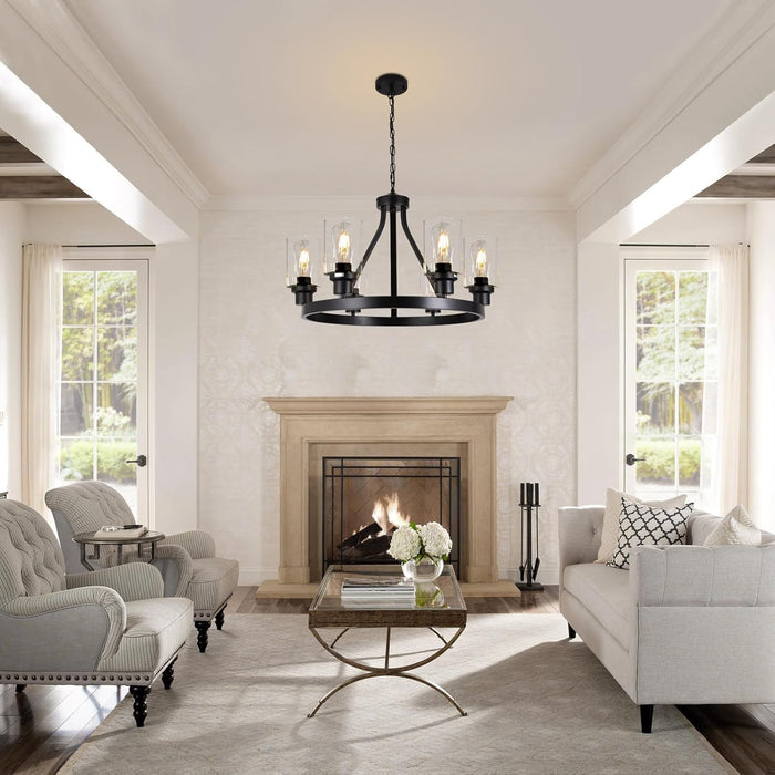 6-Light Farmhouse Chandelier Light Fixture Dining Room Lighting Fixtures Hanging Wagon Wheel Chandelier Kitchen Island Pendant Lights Modern Black Industrial Rustic Adjustable Height Metal