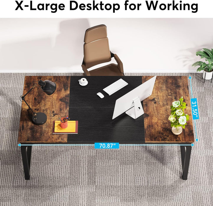 70.8 Inch X-Large Executive Computer Office Desk, Brown+Black