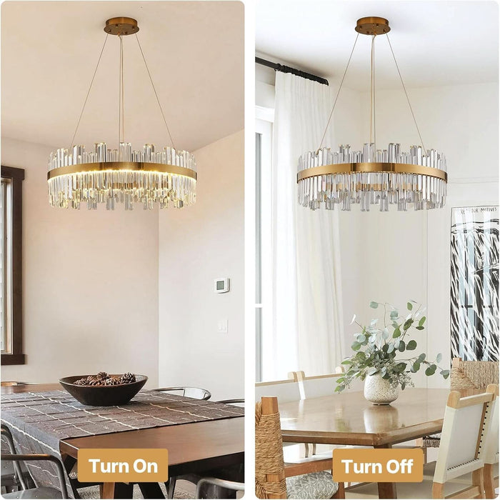 23.6''Gold Modern LED Crystal Chandelier- Contemporary Chandelier Light Fixture,Luxury Adjustable Height Chandeliers,3 Colors Dimmable Pendant Ceiling Light for Dining Room Foyer with Remote Control