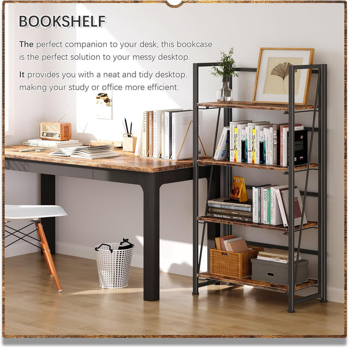 No Assembly Folding Bookshelf Storage Shelves 4 Tier Vintage Bookcase Standing Racks for Bedroom Living Room Home Office