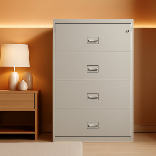 Lateral 38 Inch 4-Drawer Fireproof File Cabinet with Key Lock, Water Seal, Light Gray,