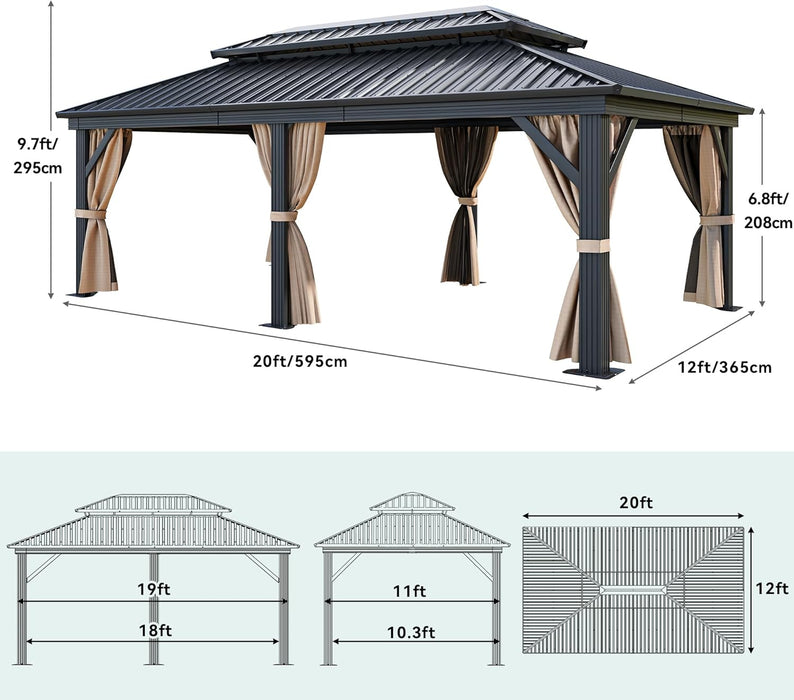12X20Ft Gazebo Hardtop Canopy Heavy Duty Double Roof Outdoor W/Nettings and Curtains, Upgraded Aluminum Column Galvanized Steel Vertical Stripes Roof for Patio, Backyard, Deck, Lawns, Brown