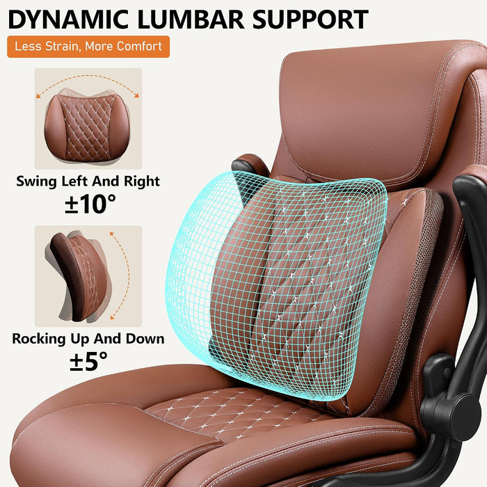 Office Chair, Ergonomic Desk Chair with Lumbar Support for Lower Back Pain Relief, Executive Leather Chair with Padded Flip-Up Armrests and Wheels, Brown