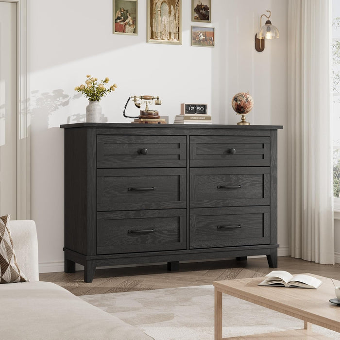 6 Dresser for Bedroom, 47 in Wide Drawer Dresser with Storage Freestanding, Wooden Closet Storage Chest for Living Room, Bedroom, Entryway, Dark Black